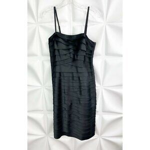White House Black Market Sz 2 Black Tiered Shutter Satin Sheath Dress Stretch xs
